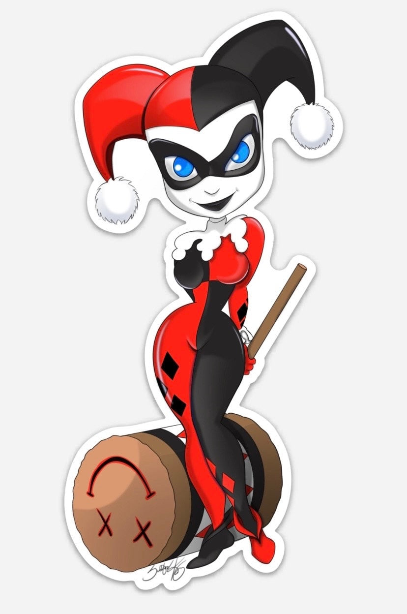 Large Classic Harley Quinn Sticker with Mallet: Mischievous 7 inch decal for Fans